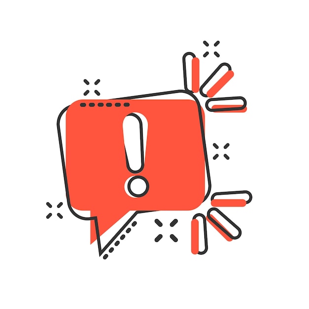 Icono de signo de atención en estilo cómico Ilustración de dibujos animados de vector de banner de advertencia sobre fondo blanco aislado Efecto de salpicadura de concepto de negocio de información