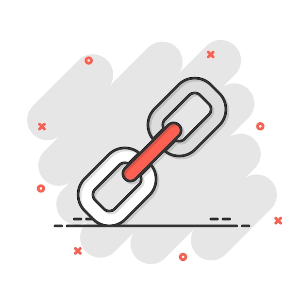 Icono de signo de cadena en estilo cómico Ilustración de dibujos animados de vector de enlace sobre fondo blanco aislado Efecto de salpicadura de concepto de negocio de hipervínculo
