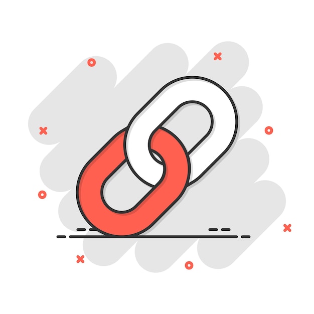 Icono de signo de cadena en estilo cómico Ilustración de dibujos animados de vector de enlace sobre fondo blanco aislado Efecto de salpicadura de concepto de negocio de hipervínculo