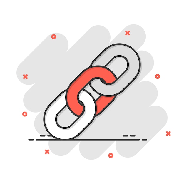 Icono de signo de cadena en estilo cómico Ilustración de dibujos animados de vector de enlace sobre fondo blanco aislado Efecto de salpicadura de concepto de negocio de hipervínculo