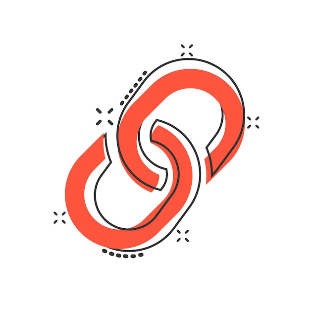 Icono de signo de cadena en estilo cómico Ilustración de dibujos animados de vector de enlace sobre fondo blanco aislado Efecto de salpicadura de concepto de negocio de hipervínculo