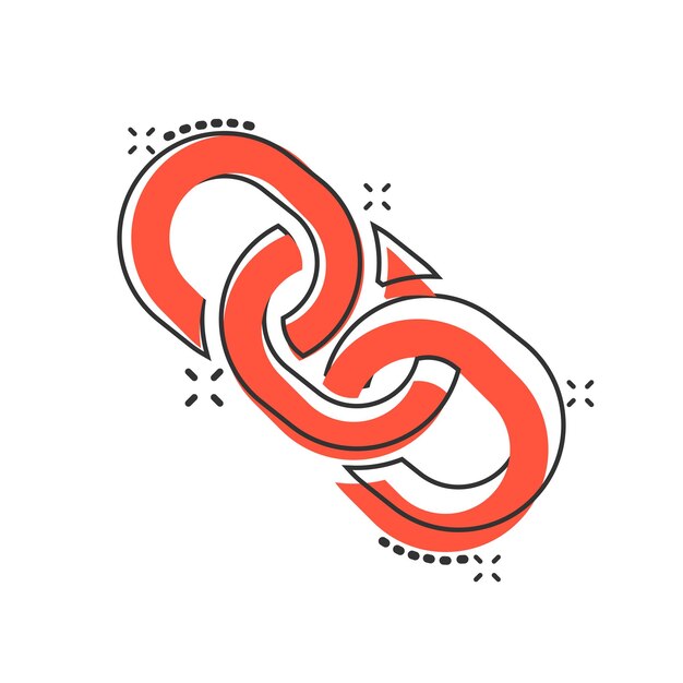 Icono de signo de cadena en estilo cómico Ilustración de dibujos animados de vector de enlace sobre fondo blanco aislado Efecto de salpicadura de concepto de negocio de hipervínculo