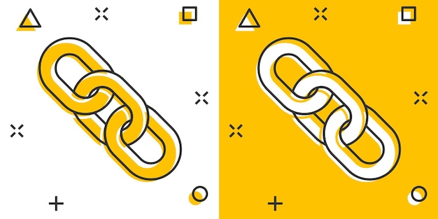 Icono de signo de cadena en estilo cómico Ilustración de dibujos animados de vector de enlace sobre fondo blanco aislado Efecto de salpicadura de concepto de negocio de hipervínculo