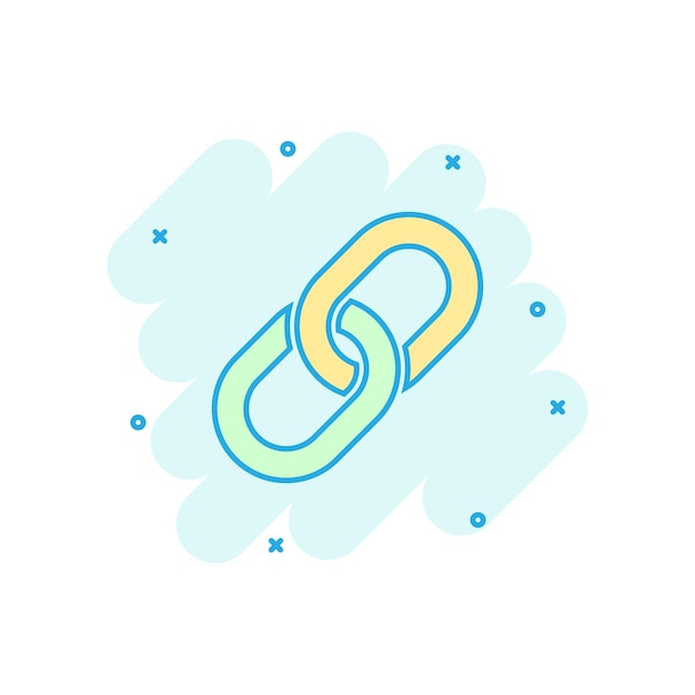 Icono de signo de cadena en estilo cómico Ilustración de dibujos animados de vector de enlace sobre fondo blanco aislado Efecto de salpicadura de concepto de negocio de hipervínculo