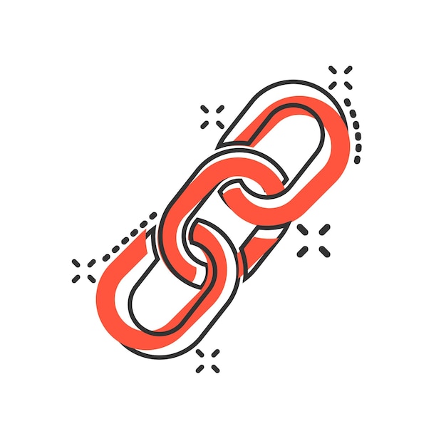 Icono de signo de cadena en estilo cómico Ilustración de dibujos animados de vector de enlace sobre fondo blanco aislado Efecto de salpicadura de concepto de negocio de hipervínculo
