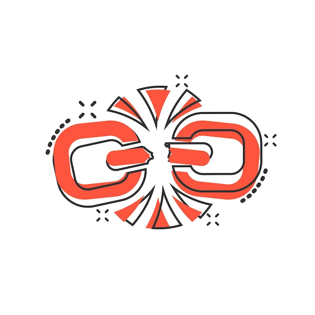 Icono de signo de cadena rota en estilo cómico Desconectar la ilustración de dibujos animados vectoriales de enlace en fondo blanco aislado Separar el concepto de negocio efecto de salpicadura