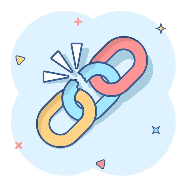Icono de signo de cadena rota en estilo cómico Desconectar la ilustración de dibujos animados vectoriales de enlace en fondo blanco aislado Separar el concepto de negocio efecto de salpicadura