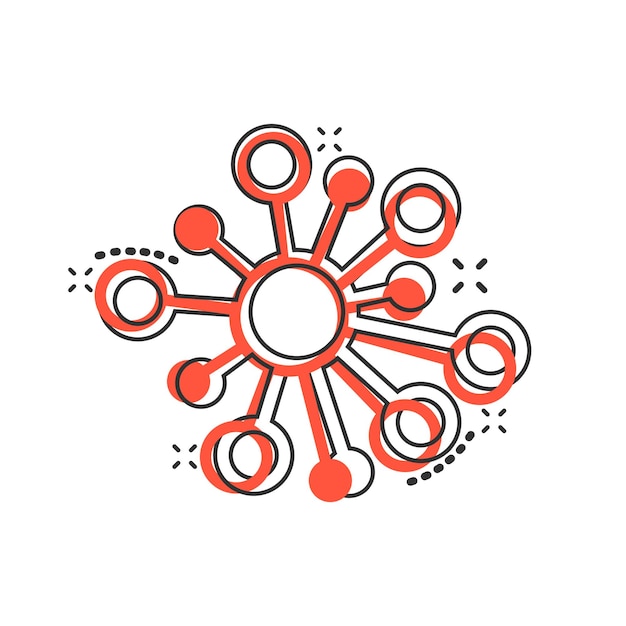 Icono de signo de conexión de red Hub en estilo cómico Ilustración de dibujos animados de vector de molécula de ADN sobre fondo blanco aislado Efecto de salpicadura de concepto de negocio Atom