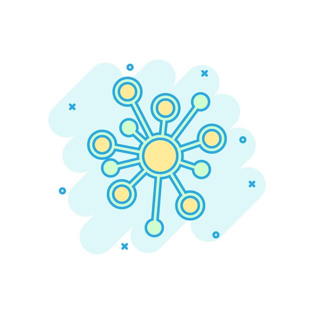 Icono de signo de conexión de red Hub en estilo cómico Ilustración de dibujos animados de vector de molécula de ADN sobre fondo blanco aislado Efecto de salpicadura de concepto de negocio Atom