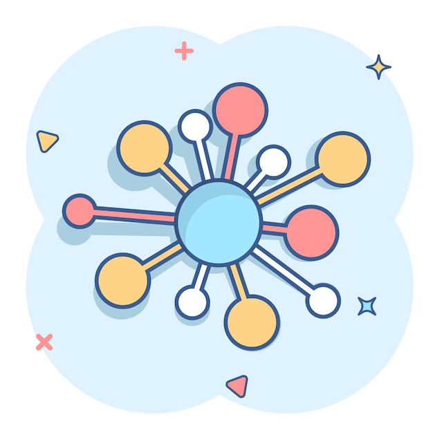 Icono de signo de conexión de red Hub en estilo cómico Ilustración de dibujos animados de vector de molécula de ADN sobre fondo blanco aislado Efecto de salpicadura de concepto de negocio Atom