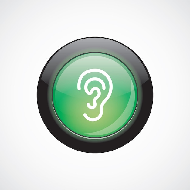 Vector icono de signo de cristal de oído botón verde brillante. botón del sitio web de interfaz de usuario