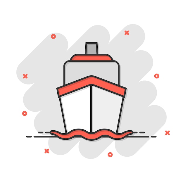 Vector icono de signo de crucero de barco en estilo cómic ilustración de dibujos animados de vector de barco de carga sobre fondo blanco aislado efecto de salpicadura de concepto de negocio de barco
