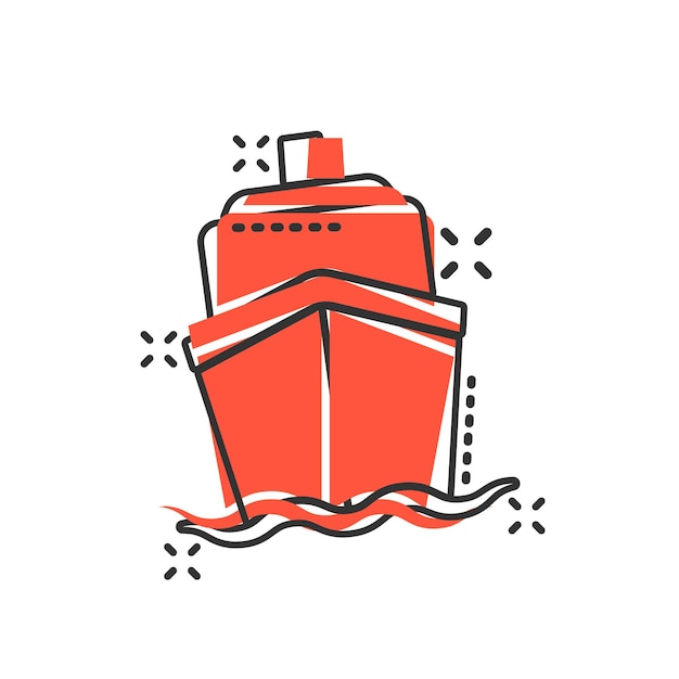 Icono de signo de crucero de barco en estilo cómic ilustración de dibujos animados de vector de barco de carga sobre fondo blanco aislado efecto de salpicadura de concepto de negocio de barco