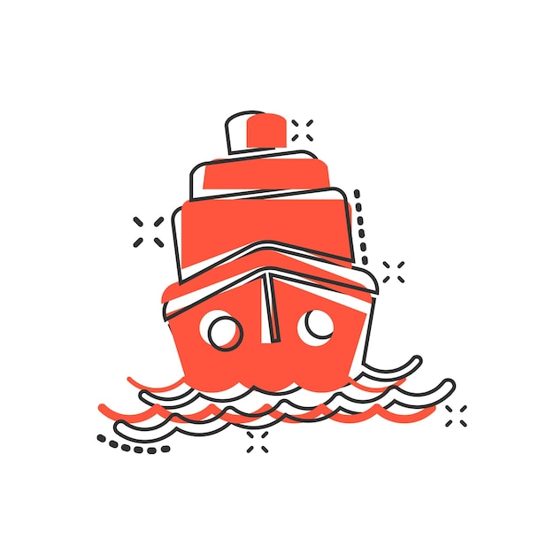 Icono de signo de crucero de barco en estilo cómic Ilustración de dibujos animados de vector de barco de carga sobre fondo blanco aislado Efecto de salpicadura de concepto de negocio de barco