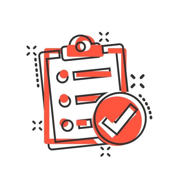 Icono de signo de documento de lista de verificación en estilo cómico Ilustración de dibujos animados de vector de encuesta sobre fondo blanco aislado Marca de verificación banner concepto de negocio efecto de salpicadura