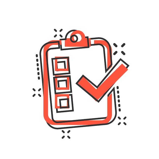 Icono de signo de documento de lista de verificación en estilo cómico Ilustración de dibujos animados de vector de encuesta sobre fondo blanco aislado Marca de verificación banner concepto de negocio efecto de salpicadura