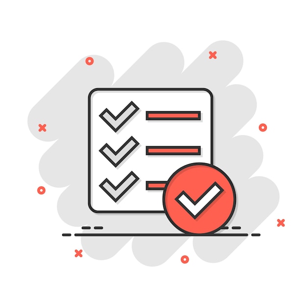 Icono de signo de documento de lista de verificación en estilo cómico Ilustración de dibujos animados de vector de encuesta sobre fondo blanco aislado Marca de verificación banner concepto de negocio efecto de salpicadura