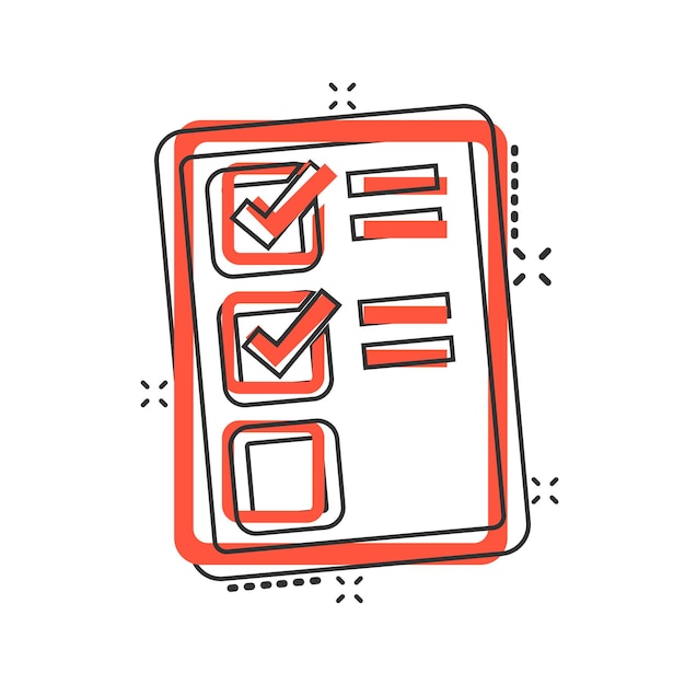 Icono de signo de documento de lista de verificación en estilo cómico Ilustración de dibujos animados de vector de encuesta sobre fondo blanco aislado Marca de verificación banner concepto de negocio efecto de salpicadura