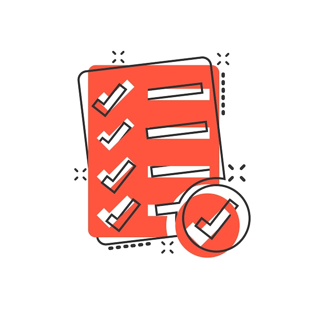 Icono de signo de documento de lista de verificación en estilo cómico Ilustración de dibujos animados de vector de encuesta sobre fondo blanco aislado Marca de verificación banner concepto de negocio efecto de salpicadura
