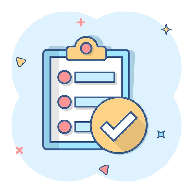 Icono de signo de documento de lista de verificación en estilo cómico Ilustración de dibujos animados de vector de encuesta sobre fondo blanco aislado Marca de verificación banner concepto de negocio efecto de salpicadura