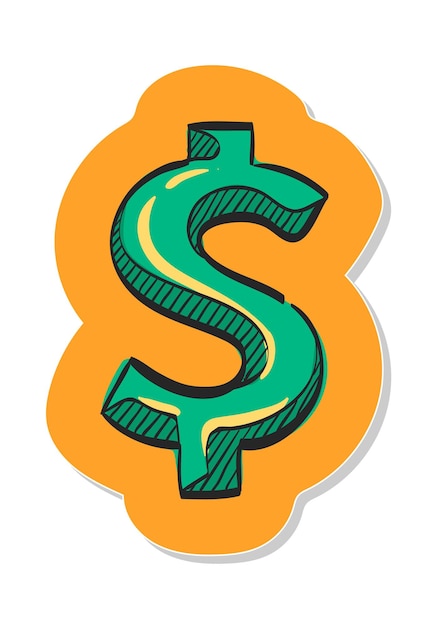 Icono de signo de dólar dibujado a mano en la ilustración de vector de estilo de etiqueta