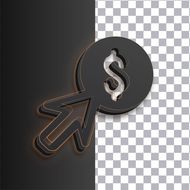 Icono de signo de dólar de flecha oscura personalizable con líneas doradas brillantes en un fondo transparente