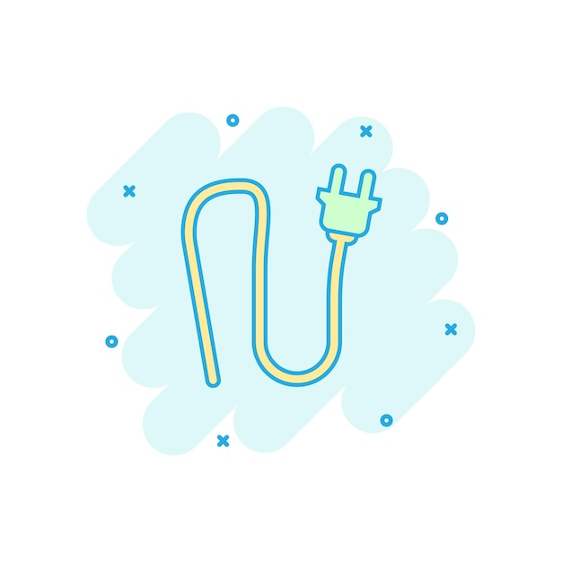 Icono de signo de enchufe eléctrico de dibujos animados de vector en estilo cómico Pictograma de ilustración de signo de enchufe de alimentación Concepto de efecto de salpicadura de negocio de cable eléctrico