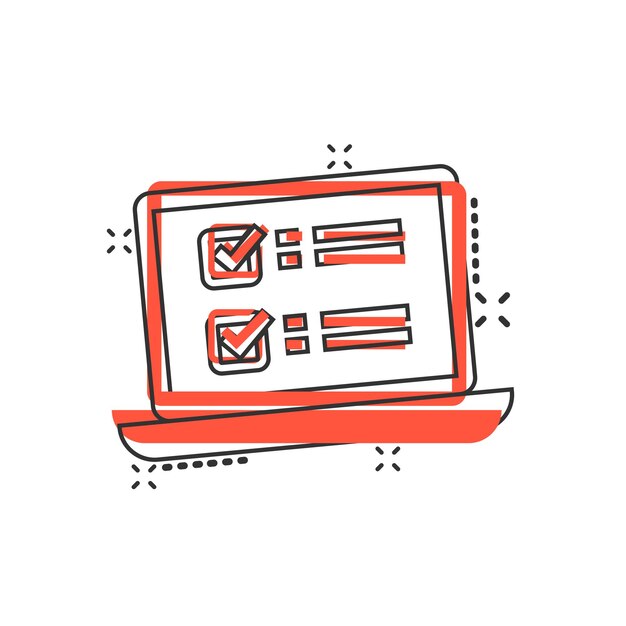 Icono de signo de encuesta en línea en estilo cómico Ilustración de dibujos animados de vector de cuestionario sobre fondo blanco aislado Pantalla de computadora portátil banner concepto de negocio efecto de salpicadura