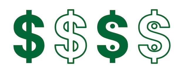 El icono del signo establece el símbolo del dinero, la colección del dólar, el paquete vectorial de la moneda financiera.
