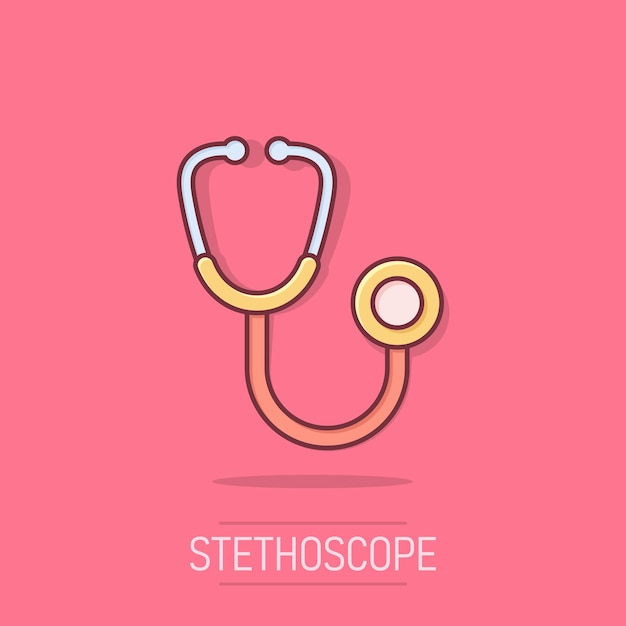 Icono de signo de estetoscopio en estilo cómic Ilustración de dibujos animados de vector médico médico sobre fondo blanco aislado Efecto de salpicadura de concepto de negocio de hospital