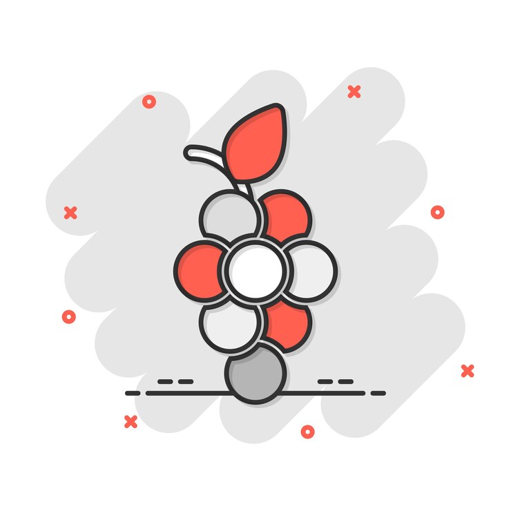 Vector icono de signo de frutas de uva en estilo cómico ilustración de dibujos animados de vector de vid sobre fondo blanco aislado efecto de salpicadura de concepto de negocio de uvas de vino