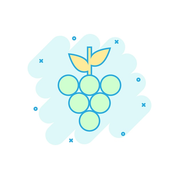 Icono de signo de frutas de uva en estilo cómico Ilustración de dibujos animados de vector de vid sobre fondo blanco aislado Efecto de salpicadura de concepto de negocio de uvas de vino