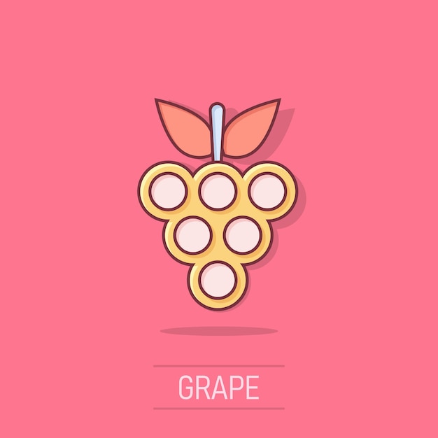 Icono de signo de frutas de uva en estilo cómico Ilustración de dibujos animados de vector de vid sobre fondo blanco aislado Efecto de salpicadura de concepto de negocio de uvas de vino