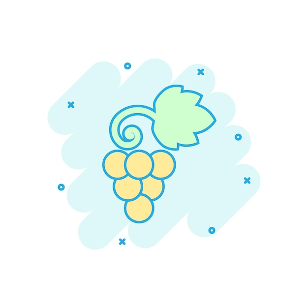 Icono de signo de frutas de uva en estilo cómico Ilustración de dibujos animados de vector de vid sobre fondo blanco aislado Efecto de salpicadura de concepto de negocio de uvas de vino
