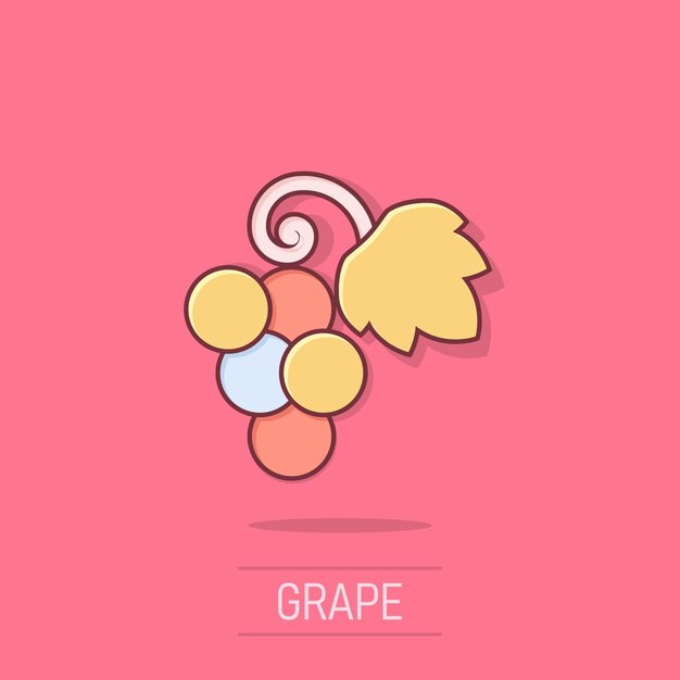 Icono de signo de frutas de uva en estilo cómico Ilustración de dibujos animados de vector de vid sobre fondo blanco aislado Efecto de salpicadura de concepto de negocio de uvas de vino