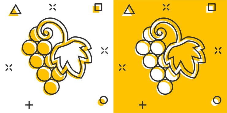 Vector icono de signo de frutas de uva en estilo cómico ilustración de dibujos animados de vector de vid sobre fondo blanco aislado efecto de salpicadura de concepto de negocio de uvas de vino