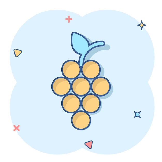 Icono de signo de frutas de uva en estilo cómico ilustración de dibujos animados de vector de vid sobre fondo blanco aislado efecto de salpicadura de concepto de negocio de uvas de vino