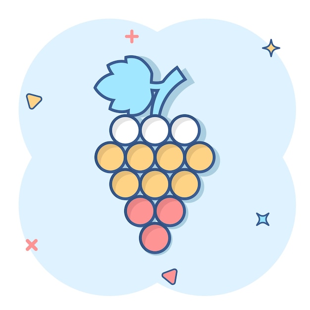 Icono de signo de frutas de uva en estilo cómico Ilustración de dibujos animados de vector de vid sobre fondo blanco aislado Efecto de salpicadura de concepto de negocio de uvas de vino