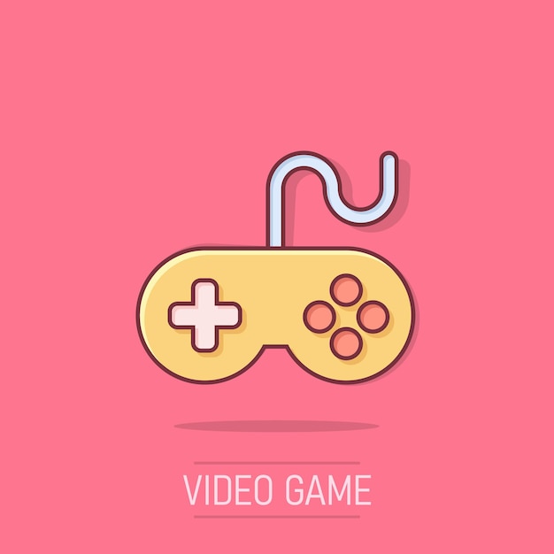 Icono de signo de joystick en estilo cómico Gamepad ilustración de dibujos animados vectorial en fondo aislado Controlador de consola de juego Efecto de salpicaduras de concepto de negocio