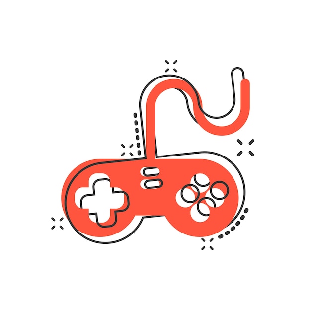 Icono de signo de joystick en estilo cómico Gamepad ilustración de dibujos animados vectoriales en fondo blanco aislado Controlador de consola de juegos concepto de negocio efecto de salpicaduras