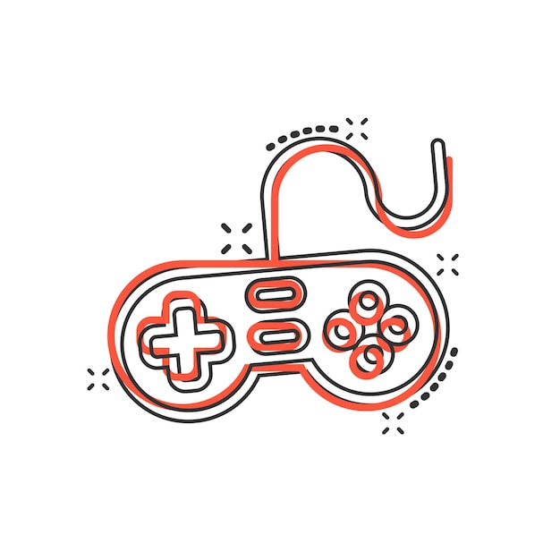 Icono de signo de joystick en estilo cómico Gamepad ilustración de dibujos animados vectoriales en fondo blanco aislado Controlador de consola de juegos concepto de negocio efecto de salpicaduras