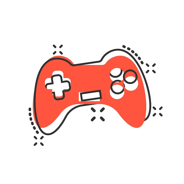 Icono de signo de joystick en estilo cómico Gamepad ilustración de dibujos animados vectoriales en fondo blanco aislado Controlador de consola de juegos concepto de negocio efecto de salpicaduras