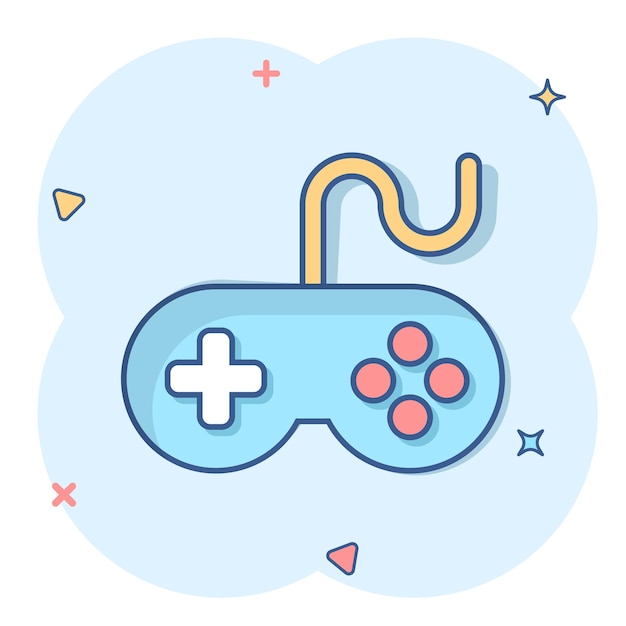 Icono de signo de joystick en estilo cómico Gamepad ilustración de dibujos animados vectoriales en fondo blanco aislado Controlador de consola de juegos concepto de negocio efecto de salpicaduras