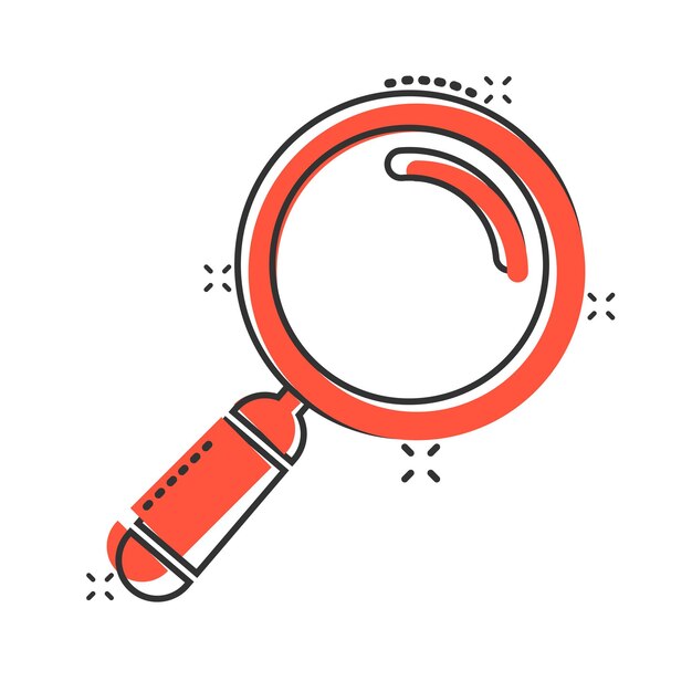 Icono de signo de lupa en estilo cómic Ilustración de vector de dibujos animados de lupa sobre fondo blanco aislado Concepto de negocio de efecto de salpicadura de búsqueda