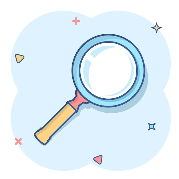 Icono de signo de lupa en estilo cómico Ilustración de dibujos animados de vector de lupa sobre fondo blanco aislado Efecto de salpicadura de concepto de negocio de búsqueda