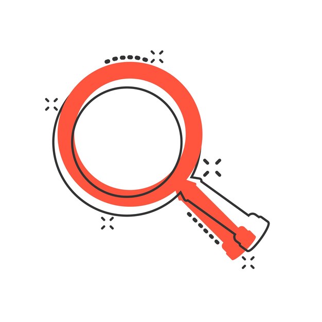 Icono de signo de lupa en estilo cómico Ilustración de dibujos animados de vector de lupa sobre fondo blanco aislado Efecto de salpicadura de concepto de negocio de búsqueda