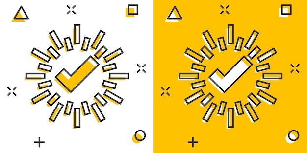 Icono de signo de marca de verificación en estilo cómico ilustración de vector de dibujos animados de botón confirmar sobre fondo blanco aislado concepto de negocio de efecto de salpicadura aceptado