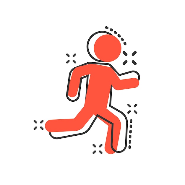 Icono de signo de personas corriendo en estilo cómic Ilustración de dibujos animados de vector de silueta de ejecución sobre fondo blanco aislado Efecto de salpicadura de concepto de negocio de jogging de movimiento