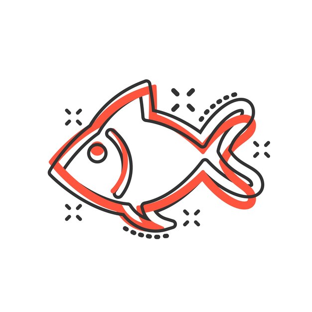 Icono de signo de pescado en estilo cómico Ilustración de dibujos animados de vector de pez dorado sobre fondo blanco aislado Efecto de salpicadura de concepto de negocio de mariscos