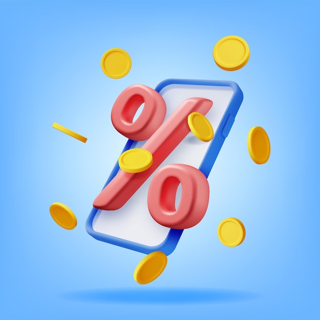 Icono de signo de porcentaje 3D con monedas en Smartphone